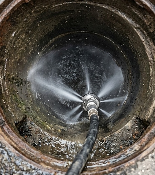 High pressure water jetting nozzle clearing a blocked drainage pipe